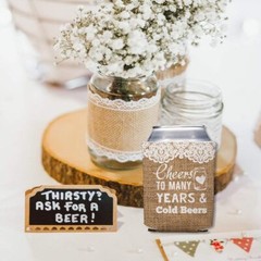 Custom Rustic Wedding Can Coolers, Cheers to many Years and Cold Beers
