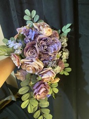 Dusty Purple And Lavender Cascade Style Bouquet With Matching Boutonnière