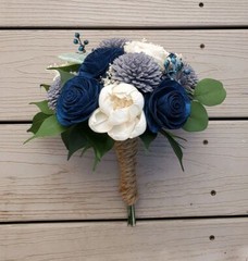 Navy Blue Gray Bridal Bouquet White Sola Wood Artificial Wedding Flowers Bride