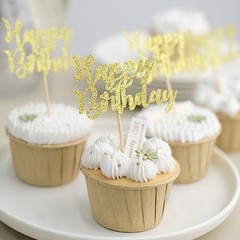 24 Gold Glittered Happy Birthday Cupcake Toppers Cake Decorations Party Supplies