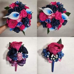Fuchsia Navy Blue Rose Calla Lily Sola Wood Bridal Wedding Bouquet Accessories