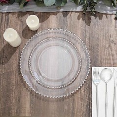 CLEAR SILVER 10 Round 10″ Plastic Salad PLATES Beaded Rim Party Events