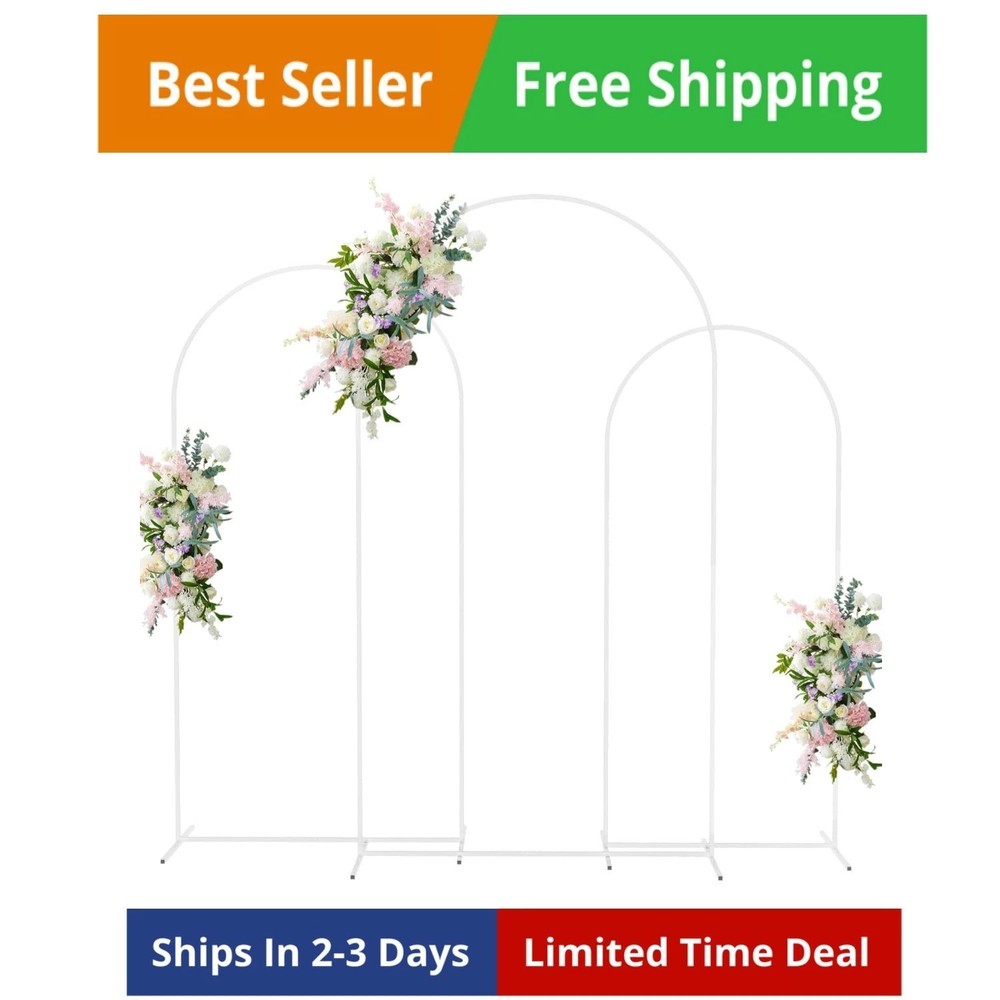 Wedding Arch Stand Set of 3 7.2FT, 6.6FT, 6FT White Metal Arched Backdrop Fra…