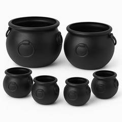 PMU 6pc Halloween Cauldron Pot Kettle Set: 8″, 6″, 4x 3″ Black Plastic Decor