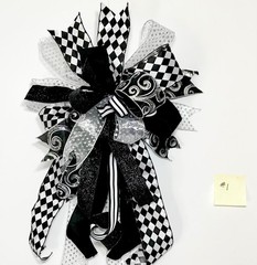 EXTRA LARGE DECORATION 6 RIBBON BLACK WHITE SILVER DESIGNER BOW READY TO USE