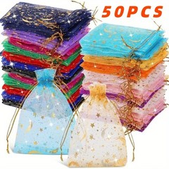 50pcs Organza Gift Bags: Moon & Stars Drawstring Pouches for Jewelry & Favors