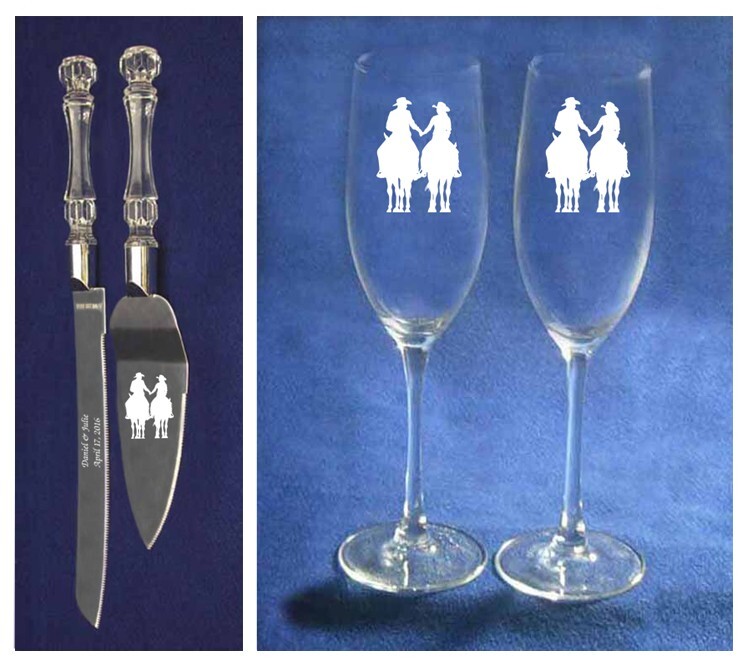 Montana Horse Western Cowboy Wedding cake server set glasses personalize free