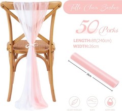 PakiInno Wedding Chair Sashes White & Blush Tulle Aisle Bows Decor 8ft (50 Pcs)