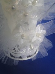 New Elegant Wedding Caketop, white bell, shimmer white floral, heart back #251