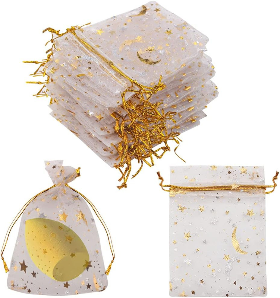 100 Pieces Moon Star Organza Jewelry Candy Bags, 2.7×3.5 Inch Sheer White Organz