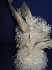 New Elegant Wedding White Love Birds Caketop, Satin bead Flowers & leaves #230
