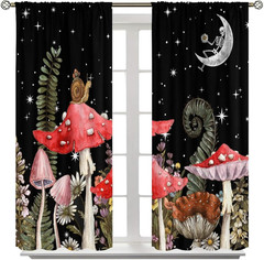 Mushroom Curtains, Vintage Boho Rustic Black Abstract Fantasy Forest Plant Leaf