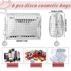 6 Pack Large Capacity Disco Cosmetic Bags Portable Silver Glitter Sequin Make…
