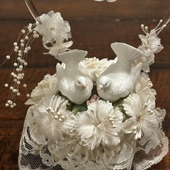 Vintage Wedding Cake Topper Acrylic Heart Birds Doves Floral Lace 9”