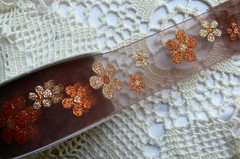 Glitter Flowers COPPER & GOLD on BROWN Sheer Organza 4.2 Met 40mm W ide AR1