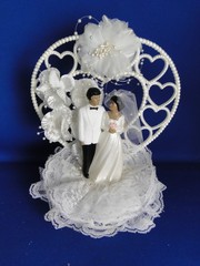 New Vintage African American Dark skin Bride & Groom Heart Wedding CakeTop, #340