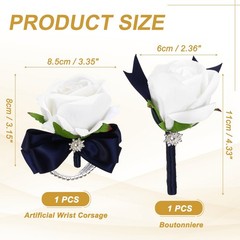 2Pcs Wrist Corsage Boutonnieres Set with Navy Blue Ribbon, White