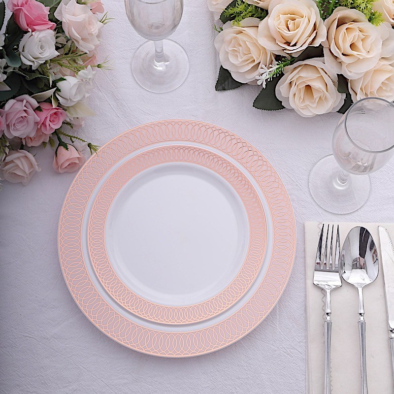 BLUSH ROSE GOLD 10 Round 10″ Plastic Dinner PLATES Spiral Rim Design Party