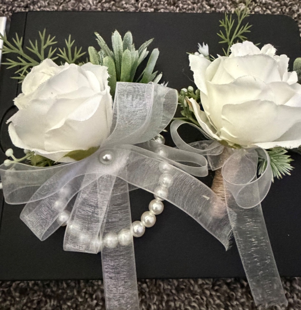 Ivory Corsage and Boutonniere Set for Wedding, Prom, Artificial Rose Flower