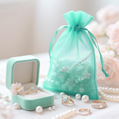 25PCS Aqua Blue Organza Bags 5×7 inches – Sheer Mesh Jewelry Pouches, Organza Gi