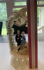 Vintage 1950s Wedding Anniversary Cake Topper Couple in Arch Bells Blue Dress