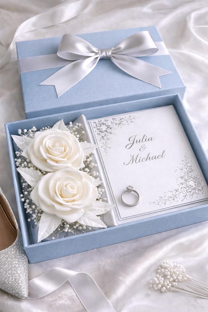 Handcrafted foam flowers for wedding invitation boxes and cards