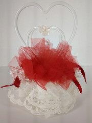 Vintage Lomey Wedding Anniversary Cake Topper Triple Heart Floral Red White 7.5″