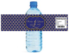 100 Gold Pattern Monogram Navy Blue Background Wedding Water Bottle Labels