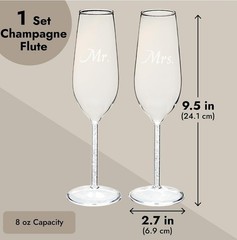 Mr & Mrs 2 Champagne Glasses Crystal Filled Stems Flutes Wedding Bride Groom