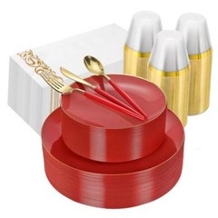 3PCS Plastic Dinnerware Set and Gold Rim Disposable Plates for Party – 50 Red