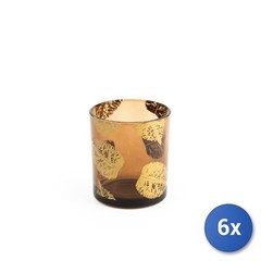 6x H&H Tealight Holder in Glass with Leaf Gold Decoration 7×8 cm