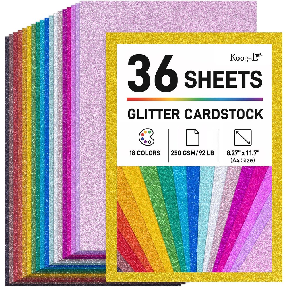 Koogel 36 Sheets Glitter Cardstock, 8.27″ x 11.7″ (A4 Size) 18 Medium, Multi