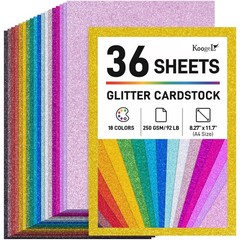 Koogel 36 Sheets Glitter Cardstock, 8.27″ x 11.7″ (A4 Size) 18 Medium, Multi