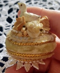 Antique Egg Porcelain Bird w Faux Pearls Sequins Velvet Flowers Cake Topper?