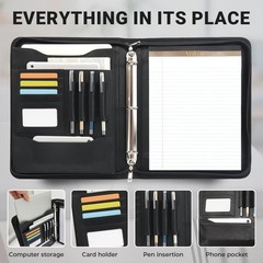 Faux Leather Zippered Padfolio with 3 Ring Binder, Executive Portfolio Organi…