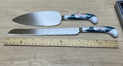 Sheffield England Cake Knife Server Set Floral Porcelain Handles Box Vintage USA