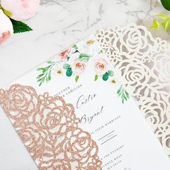 25PK Rose Gold Glitter Laser Cut Wedding Invitations – Perfect for All Occasions