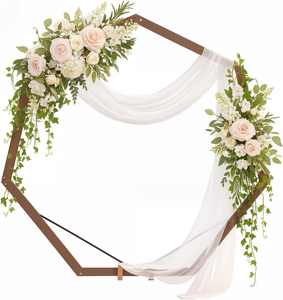 7FT Wooden Heptagonal Wedding Arch for Rustic Boho Ceremony & Decor