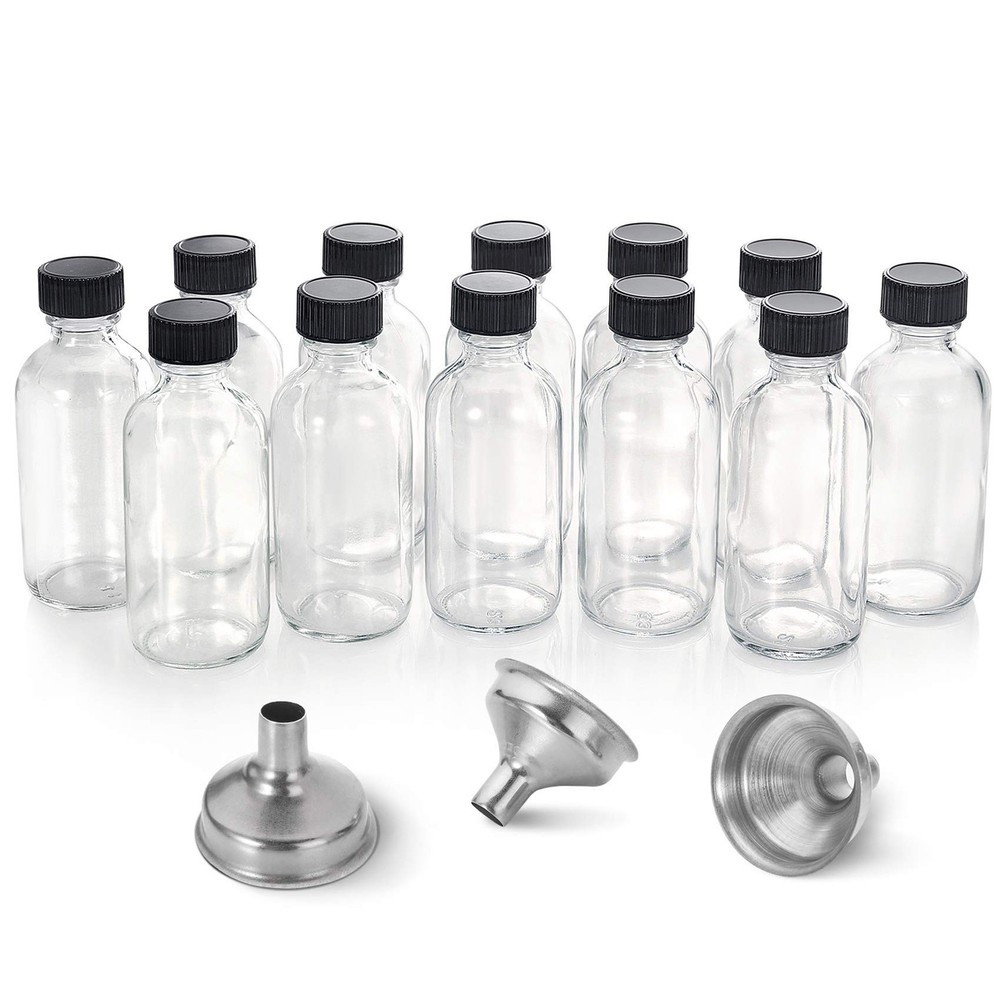 12 Pack, 2 oz Small Clear Glass Bottles w/Lid & 3 Funnels – 60ml Boston
