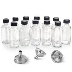 12 Pack, 2 oz Small Clear Glass Bottles w/Lid & 3 Funnels – 60ml Boston