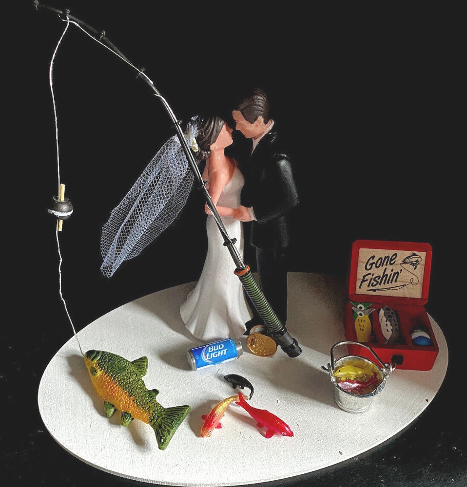 Cake Topper Wedding Bridal Bride Groom Going Gone Fishing Pail, Ice Theme