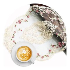 2Pcs Oval Embroidered Retro Lace Placemats for Home 14.6 X 9.8 Inch Beige
