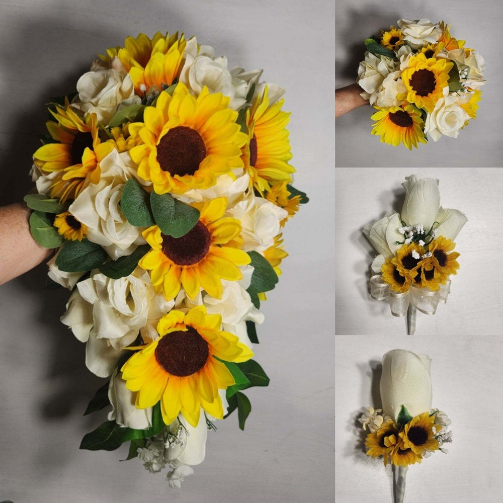 Ivory Rose Sunflower Bridal Wedding Bouquet Accessories