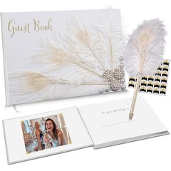 Peacock Ostrich Feather Wedding Guestbook Bling Pen Memories Album Sign In New