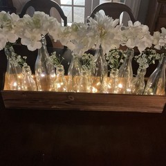 Farmhouse Decor Long Wooden Table Top Centerpiece w/11 Bottle Vases-Lighted