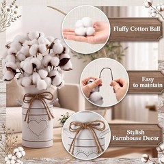 2 Pack 7.5″ High Decorative Vase with 10 Pcs Cotton Stems, Cotton Flowers in