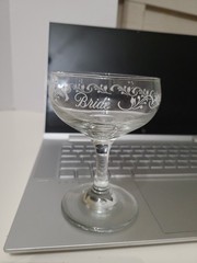 Vintage Bride & Groom Champagne Coupe Glasses Etched Scroll Wedding Toast Set