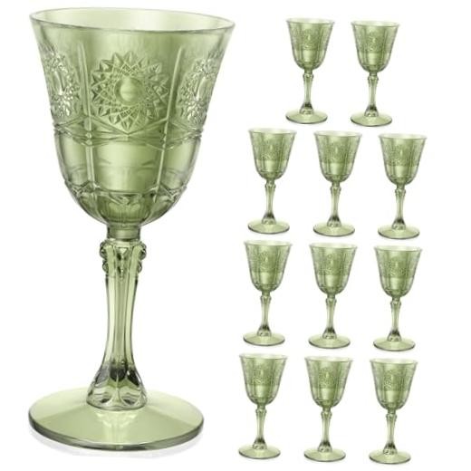 Plastic Wine Glasses, Unbreakable Wine Cups with Stem 6oz 12 Green-Flower