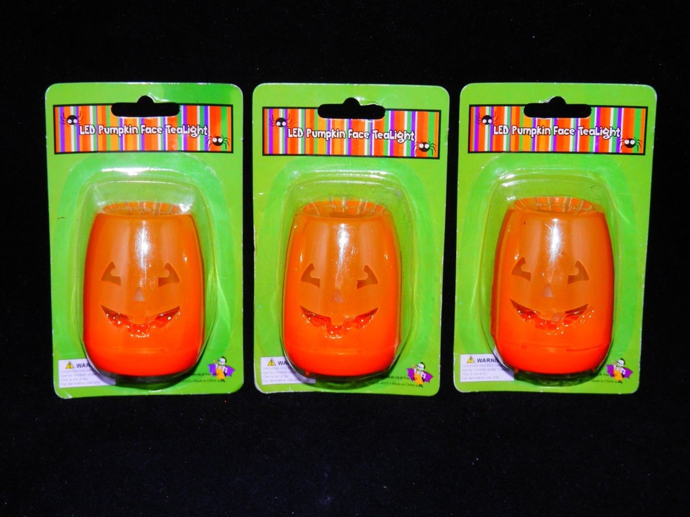 3 pc set Orange Halloween Jack-O-Lantern LED Tea Pumpkin Battery Light – NIP