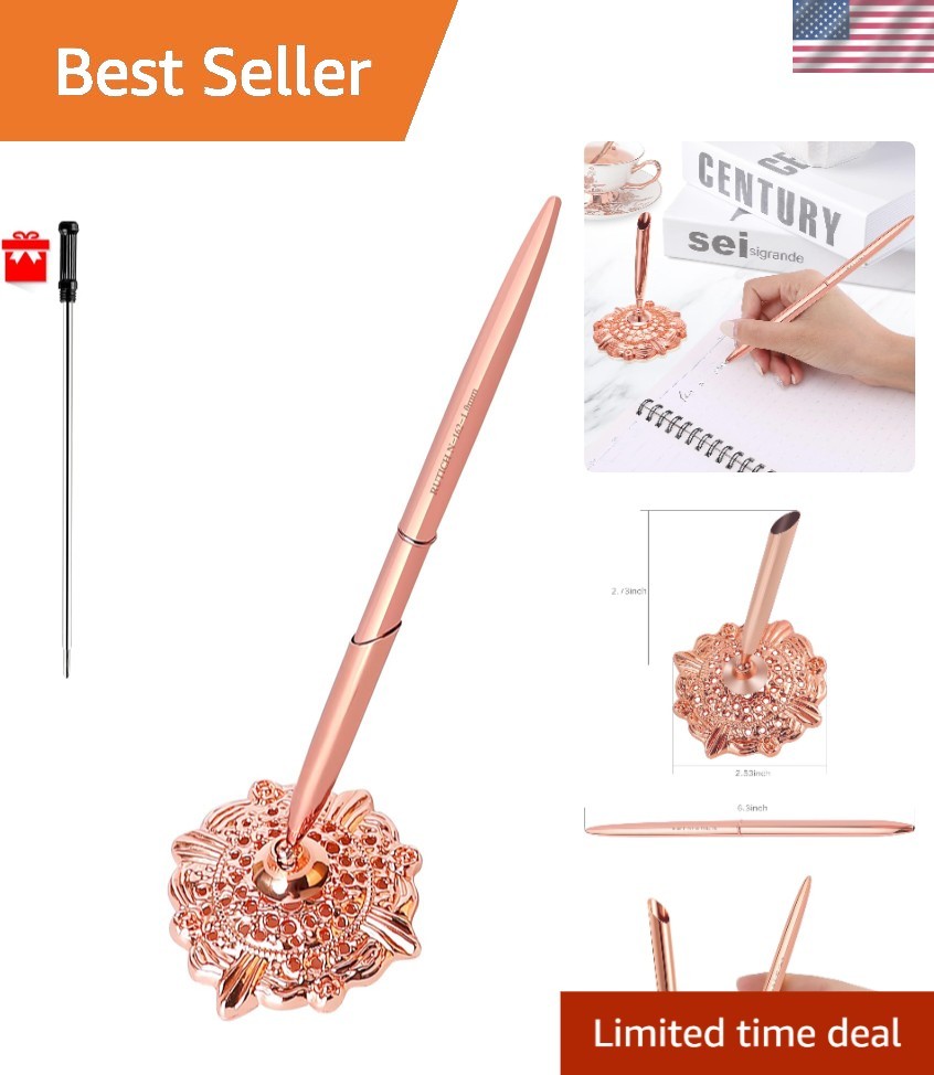 Lightweight Rose Gold Signing Pen Set in Hollow Round Holder for Special Events